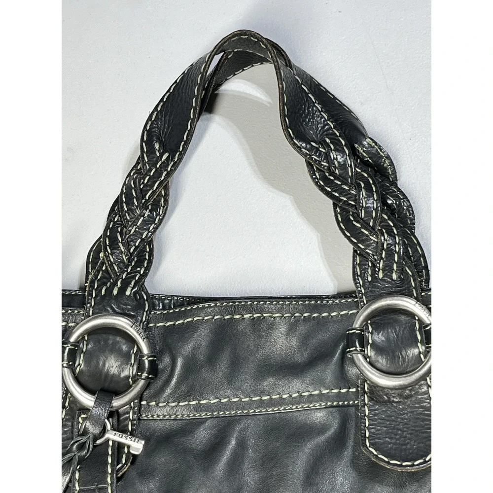 Fossil Leather Handbag Shoulder Tote Bag Black Large Braided Straps Key Charm - Picture 3 of 16